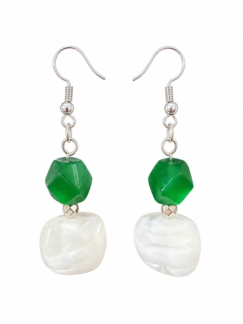 Hand crafted Green and White Beaded Drop Earrings - Brand